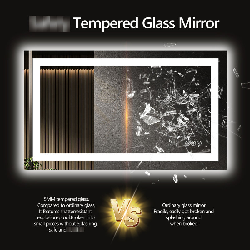 Miroir de salle de bain 60 x 28 pouces à DEL intelligent avec intensité variable, 3 choix de température de couleur, fonction de brouillard, interrupteur mural, composants sûrs et luminosité en verre trempé de 5 mm réglable de 10% à