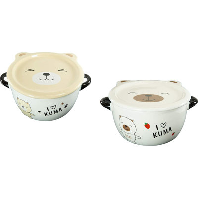 Ensemble de 2 bols en grès porcelaine nouilles, soupe de riz et dessert 25 onces avec couvercle en forme d'ours Kuma et poignées latérales pour enfants