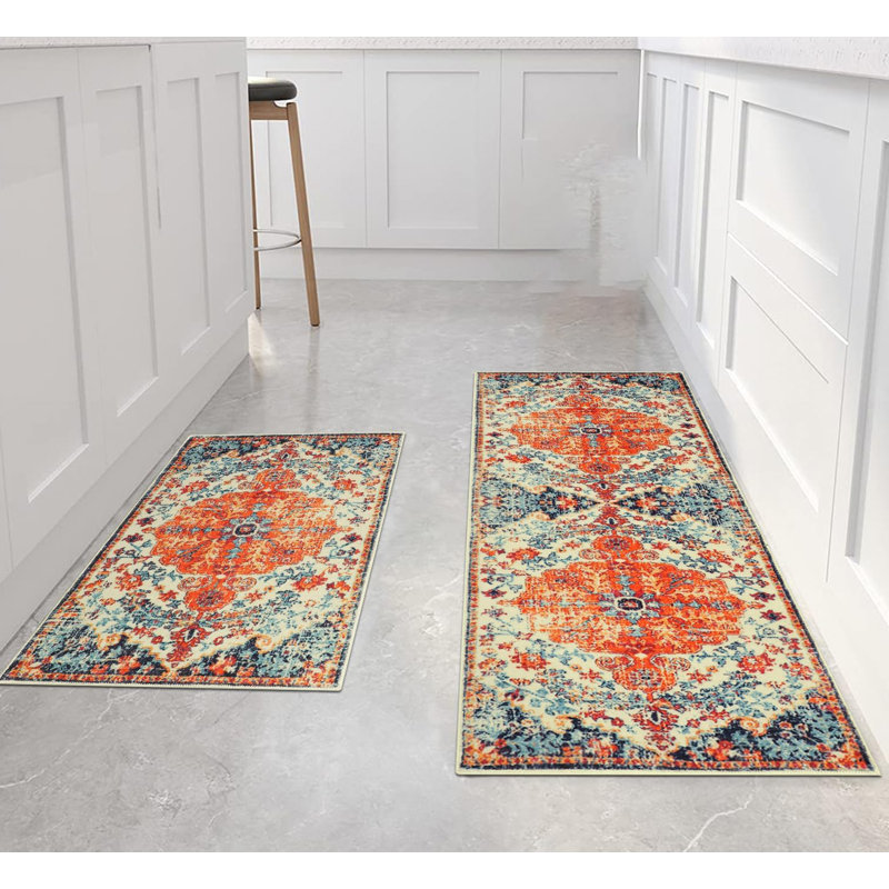 Boho Kitchen Rug Runners,Non Slip Washable Floor Mat for Bedroom(50x80cm+50x120cm),Vintage Floral, Vintage Floral