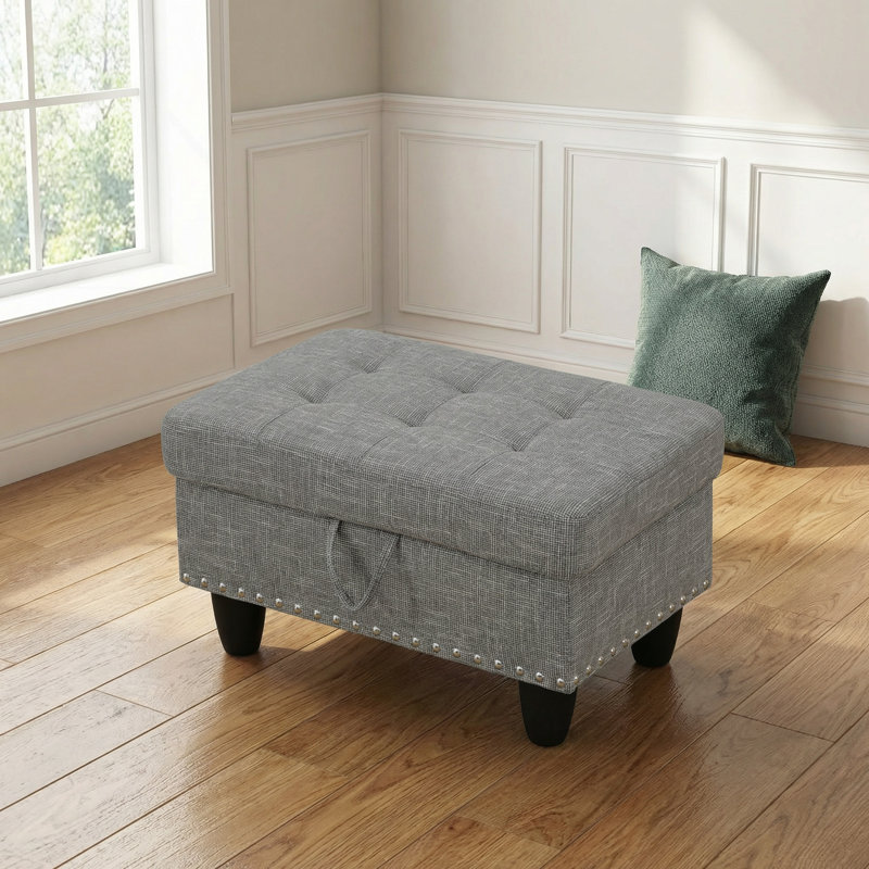 Chesterfield Ottoman With Storage,29.1" Large Square Storage Retro Rivet Ottoman Footstool Bench Coffee Table With Thick Cushion For Home Decor/Entryway/Living Room/Bedroom/Rv,Grey Linen