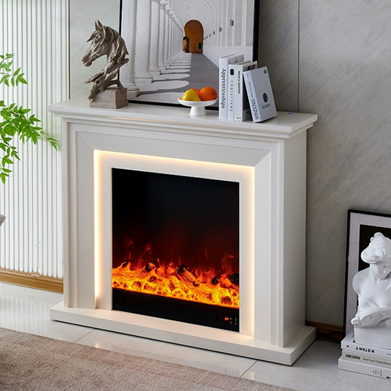 Beige Solid Wood Electric Fireplace