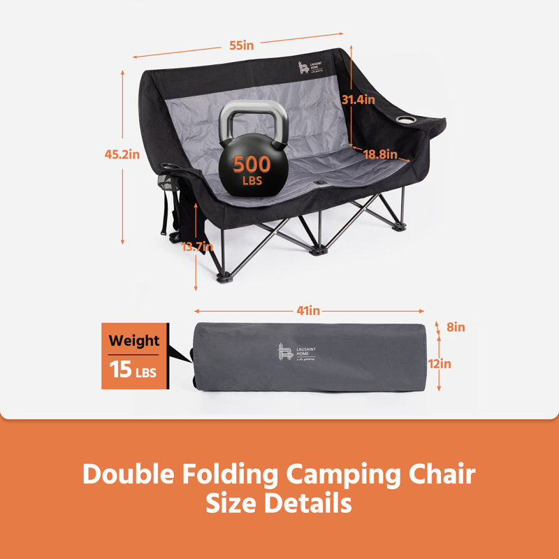 Double chaise de camping extérieure, causeuse de camping surdimensionnée avec porte-gobelet