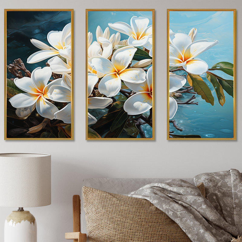 Méticuleusement rendu blanc Plumeria Blossoms - ensemble de reproduction d'art mural Plumeria, H 32 po x l 48 po x P 1 po