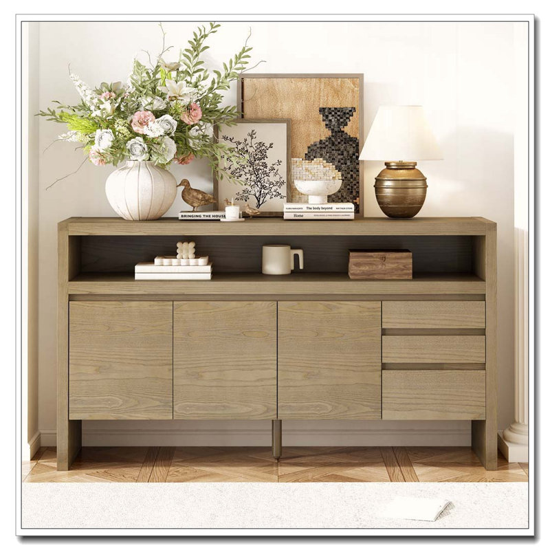 Modern 60" Sideboard with 3 Drawers, 3 Doors, and Ash Veneer Finish, Natural