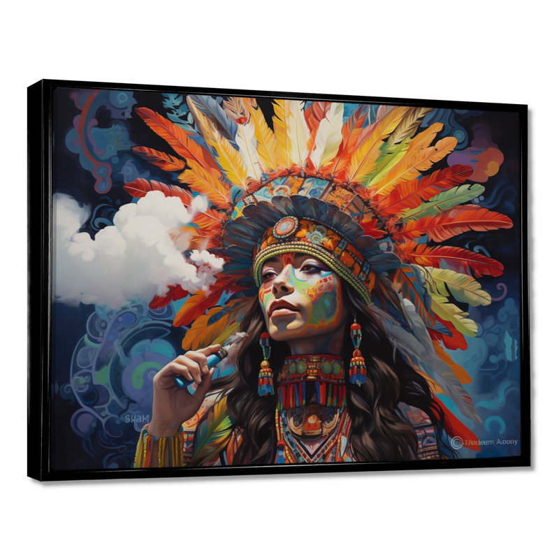 Tribal beauté plume coiffe rétro I - femme amérindienne, impression d'art mural, Toile noire avec cadre flottant