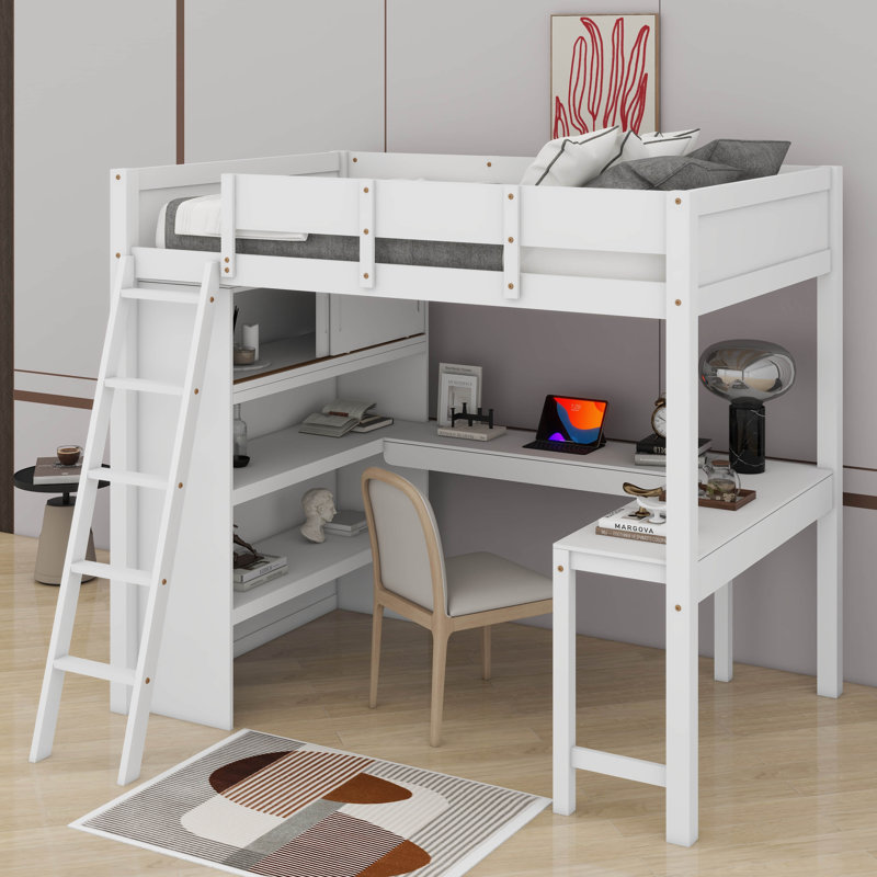 Lit mezzanine double avec bureau et tablettes, Blanc