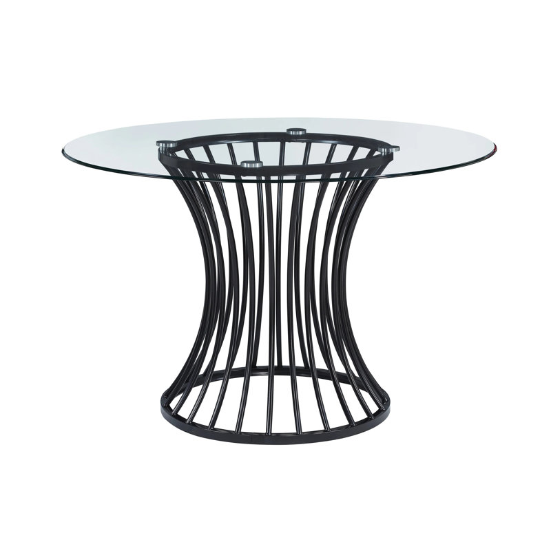 Ticy Dining Table, 48 Inch Round Glass Top, Black Iron Cagelike Base