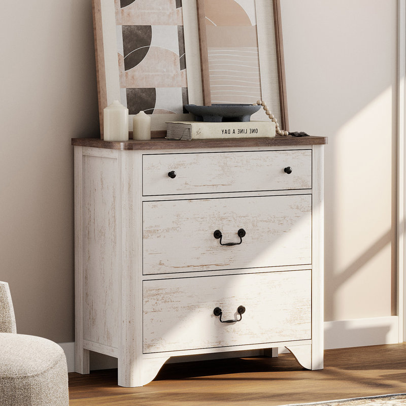 Commode décorative 3 tiroirs Haikey Commode en bois l 31,5 po, Blanc / brun