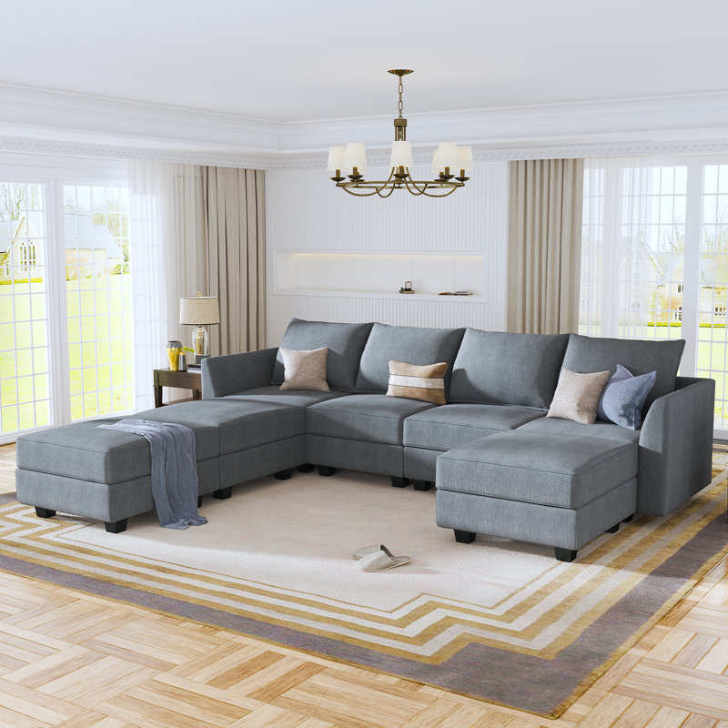 Modular Sectional Sofa U Shaped Couch Reversible Sofa Couch With Storage Seat, Bluish Gray Polyester