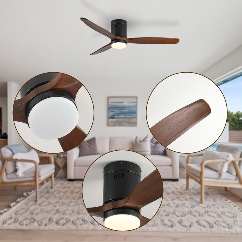 52 Inch Ceiling Fan And Remote Control, Noiseless DC Motor, Dimmable LED, Flush Mount Low Profile Ceiling Fan With 3 Walnut Blade