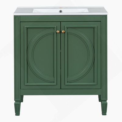 Meuble-lavabo de salle de bain avec lavabo en céramique, tiroir de rangement et portes à fermeture en douceur