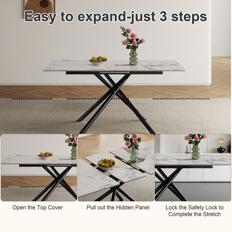 59-Inch Modern Rectangle Expandable Dining Table With Retractable Leaf, Sintered Stone Top & Black Carbon Steel X-Base, Sturdy 4-6 Person Table For Small Apartments, Kitchen, Dining Room