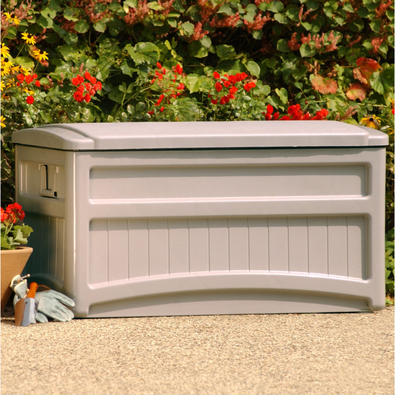 Suncast 73 Gallon Water Resistant Resin Lockable Deck Box with Lock Wheels in Light Taupe