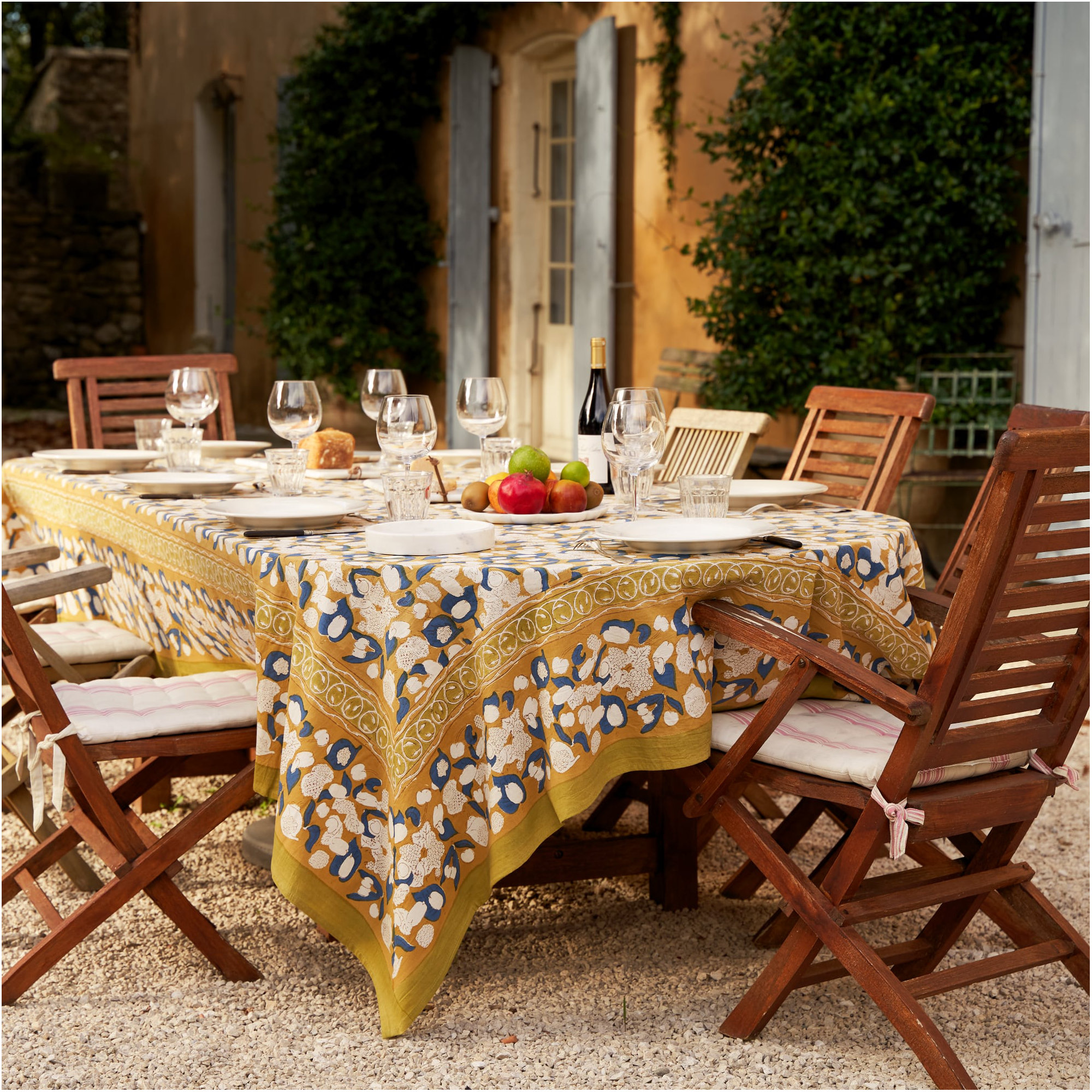 Bryssa Floral Tablecloth, 90" x 90", Mustard/Blue