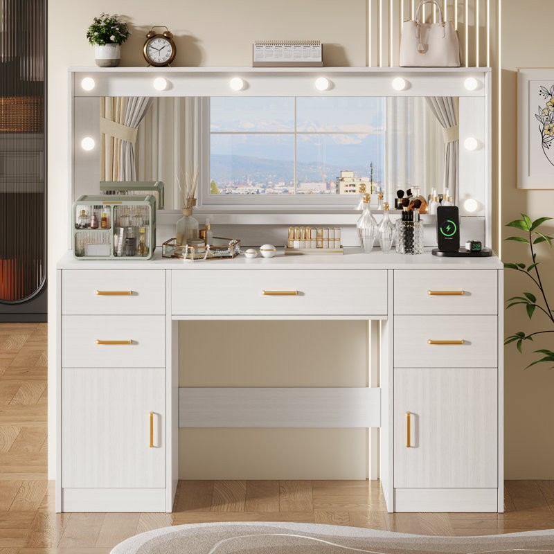 44.8" White Vanity Desk with 3-Color LED Mirror & Charging Station, 5 Drawers Makeup Vanity with Cabinets for Bedroom, White