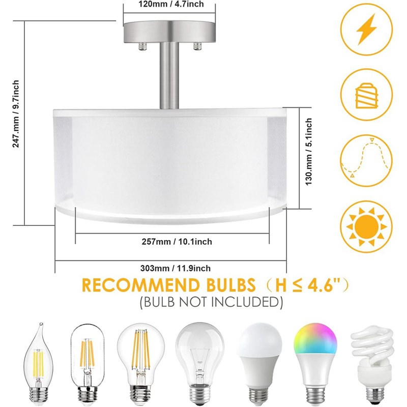 3-Light Semi Flush Mount Ceiling Light Fixture, Drum L...