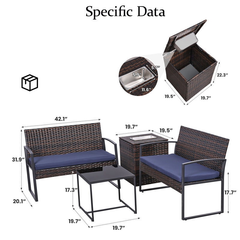 Ensemble de 4 canapés modulaires en osier de patio avec coussins lavables Pe, Bleu marine foncé, Brun