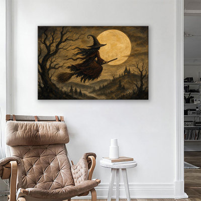 Witch Riding Broomstick Under Full Moon Dark Gothic Halloween Haunted House Oil Painting Canvas Wall Art
