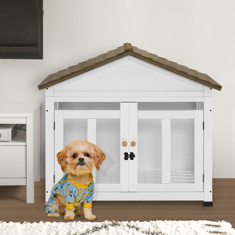 Medium White and Brown Wooden Dog House Furniture