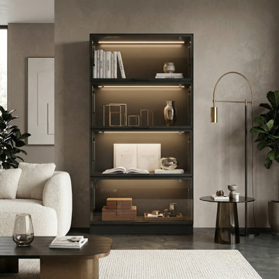 Vitrine noire vitrée à 4 portes avec éclairage DEL et tablettes réglables