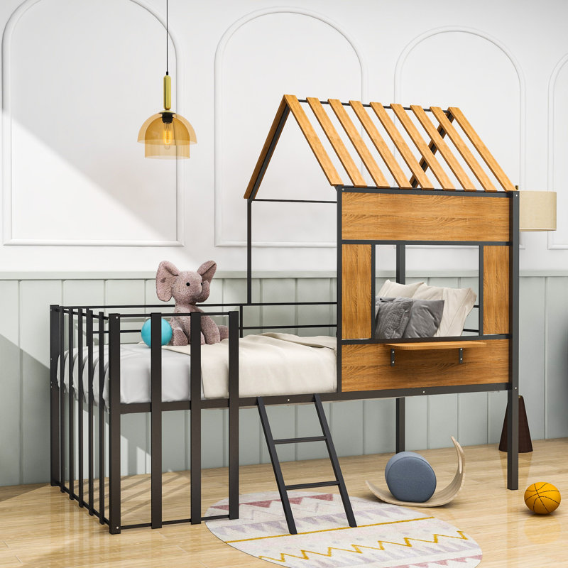 Mcenroe Twin Size Metal House Loft Bed, Silver