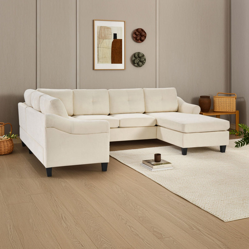Canapé d'angle en forme de U avec dossier, accoudoirs et coussins de dossier capitonnés, Beige