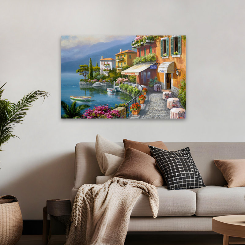 Seaside Bistro Cafe - Paysages, bateaux, café, art océan européen, H 32 po x l 48 po