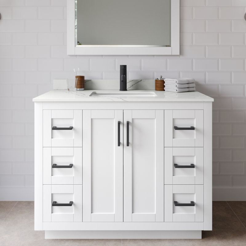 Miranda 42" Freestanding Single Bathroom Vanity with Quartz Top with 34" Mirror, Giotto Quartz, White, Matte Black