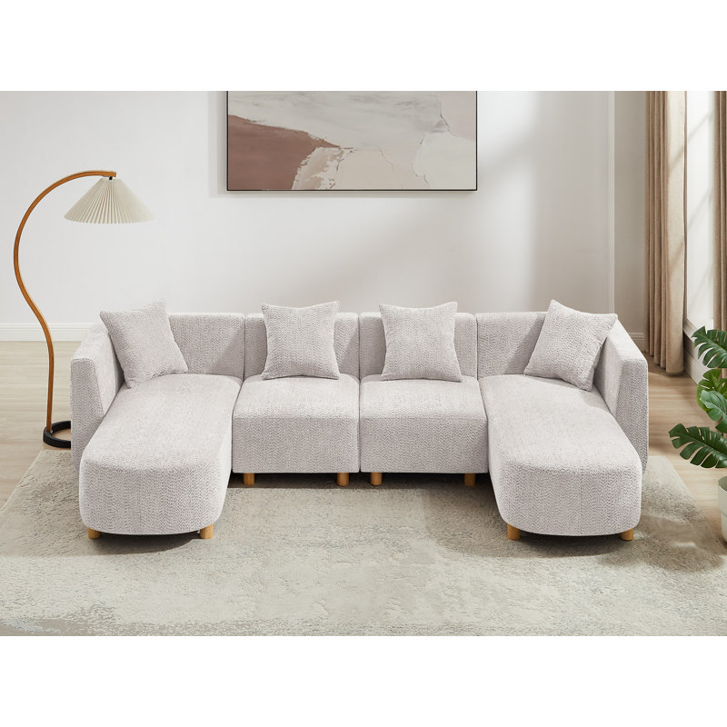 Modern Upholstered Sectional Sofa, Beige Polyester