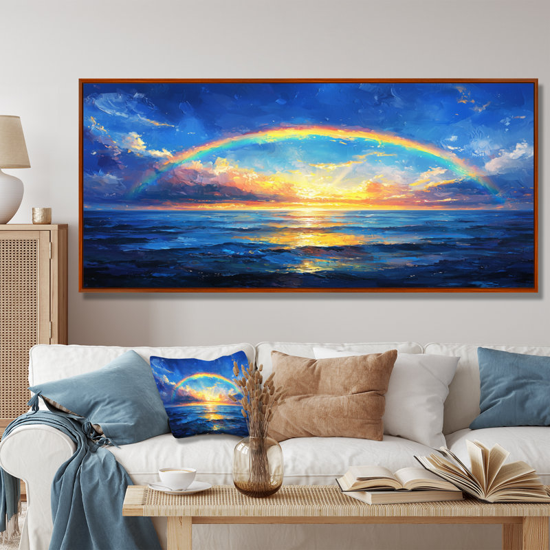 Arc-en-ciel au-dessus de l'océan - art mural arc-en-ciel, H 28 po x l 60 po, Cadre flottant brun