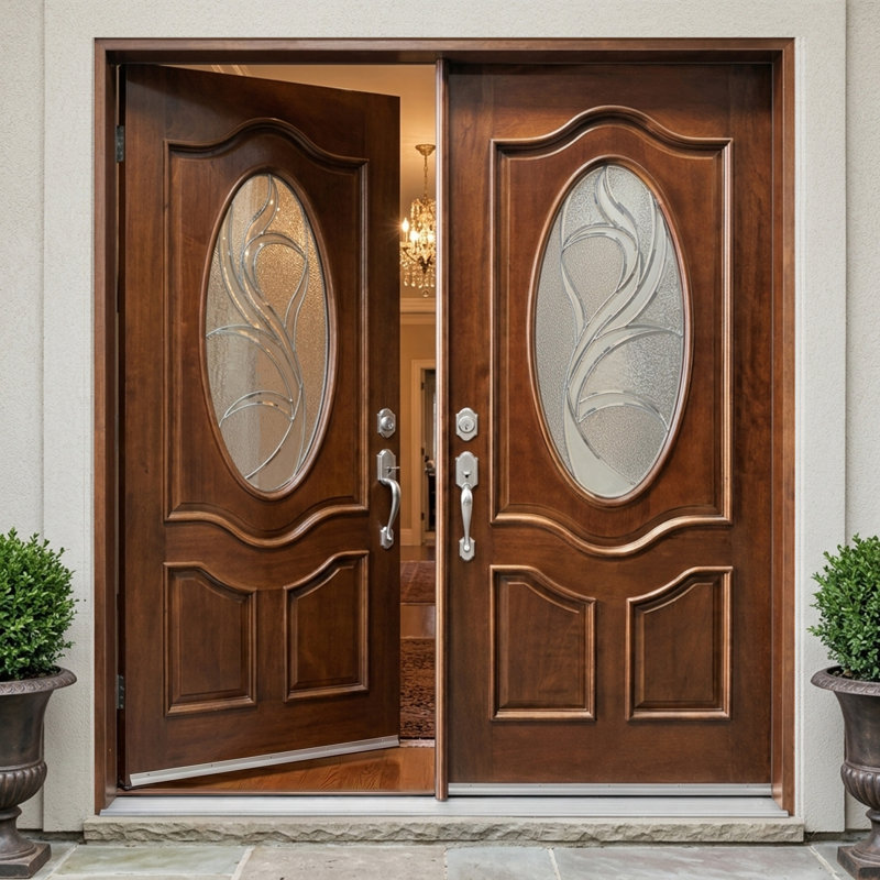 Porte d'entrée extérieure pré-montée en acajou prête à installer pour l'extérieur, Gauche, H 80 po x l 60 po x P 1,75 po