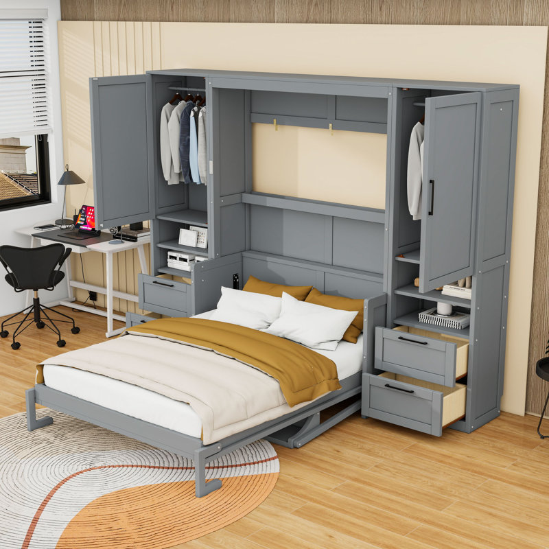 Lit escamotable en bois avec placard, tiroirs et tablettes, gris