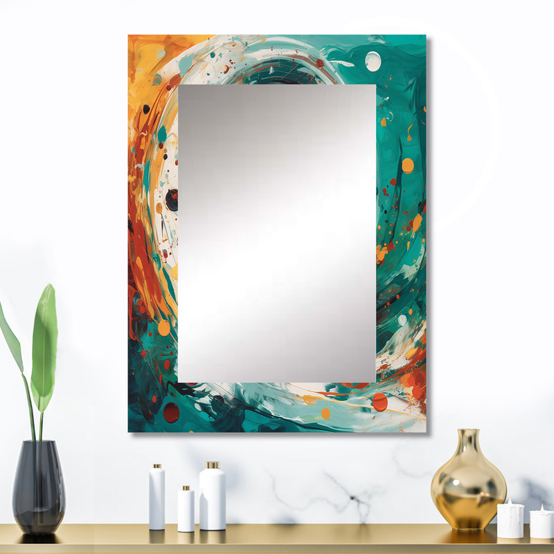 Mariage en spirale d'ambre électrique et bleu sarcelle I - miroir abstrait en spirale, miroir mural décoratif doré, impression d'art en métal
