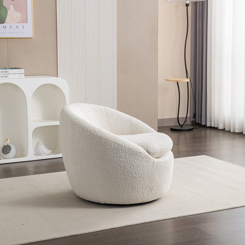 Modern Barrel Chair 360° Swivel Chair Sofa Chair Upholstered Chair Reading Chair Comfy Chair, White Boucle