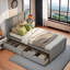 Lit plateforme en bois avec deux tiroirs sous le lit-1055846292
