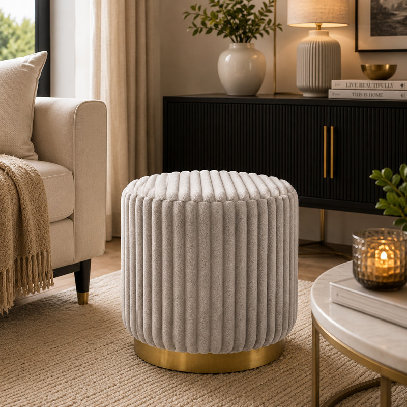 Tabouret Zelda avec base en acier doré et tissu cannelé gris, Grey/Gold