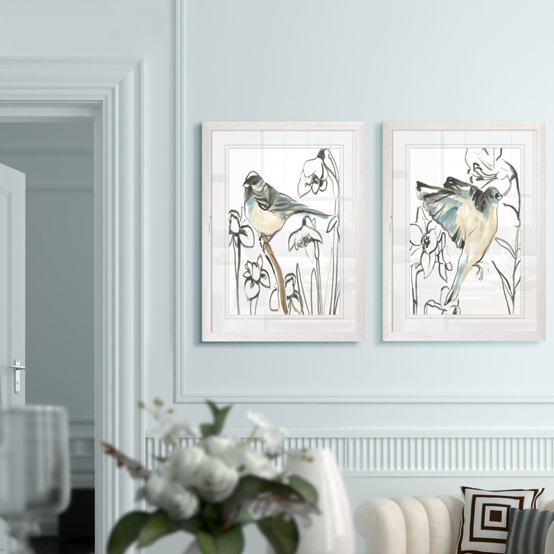 Songbird Meadow - ensemble de 2 peintures encadrées, H 24 po x l 18 po, Impression encadrée avec passe-partout, Blanc