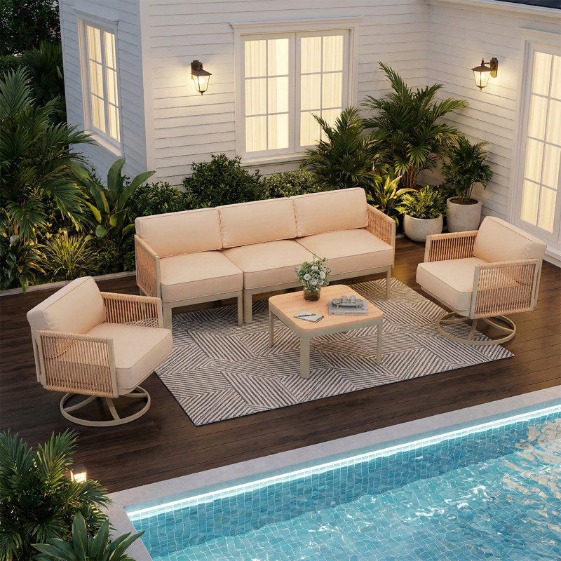 Ensemble de meubles de patio 5 sièges, chaises berçantes pivotantes d'extérieur avec coussins de 6 po d'épaisseur, table basse à 3 places et table basse, ensembles de conversation de patio à cadre en aluminium pour la cour, le bord de la piscine et le balcon, beige
