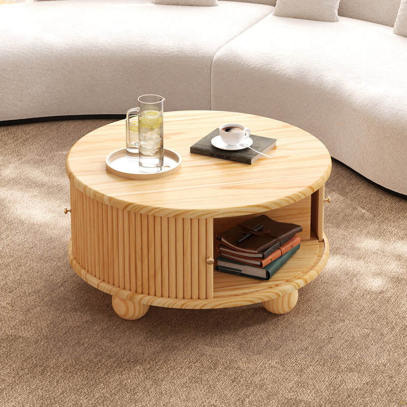 Table basse ronde cannelée avec rangement, bois massif de pin, porte coulissante, naturel, 31,8 po