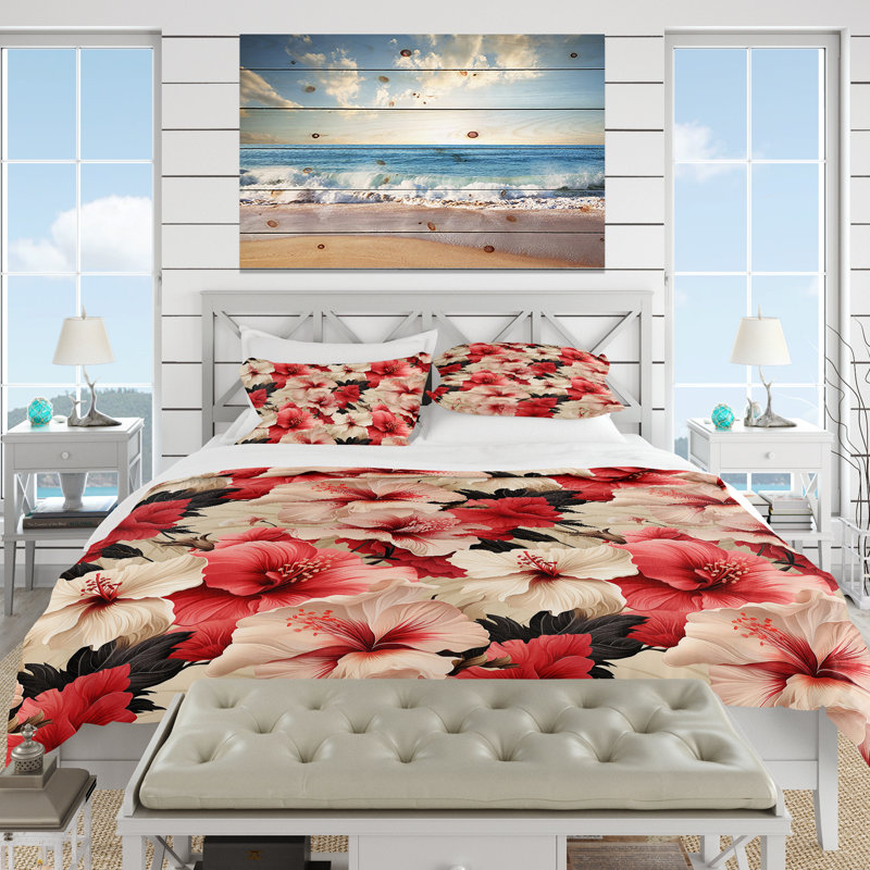 Literie Hibiscus Romance Tropical Pattern I, Housse de couette pour grand lit et 2 taies décor