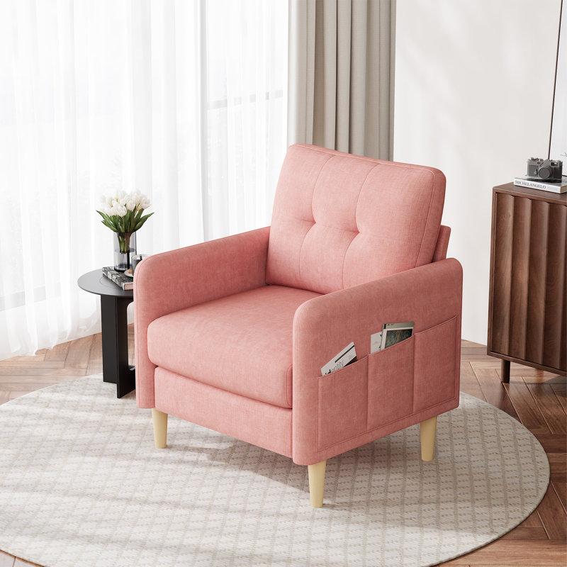 George 31" W  Modern Upholstered Chenille Tufted Armchair with Storage Pockets, PINK