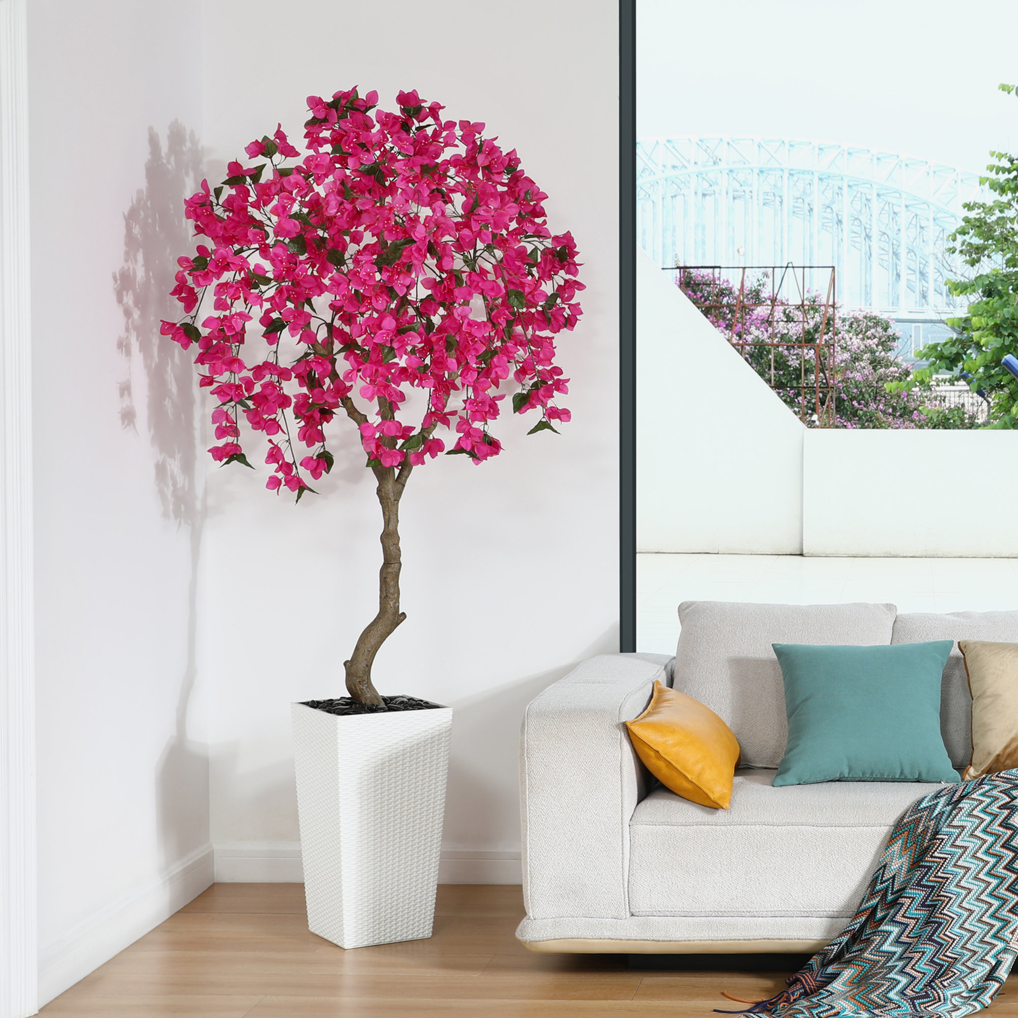 Adcock Artificial Bougainvillea Flowers Tree UV Resistant with Tall Planter for Outdoor Indoor, 84" H x 28" W x 28" D, White