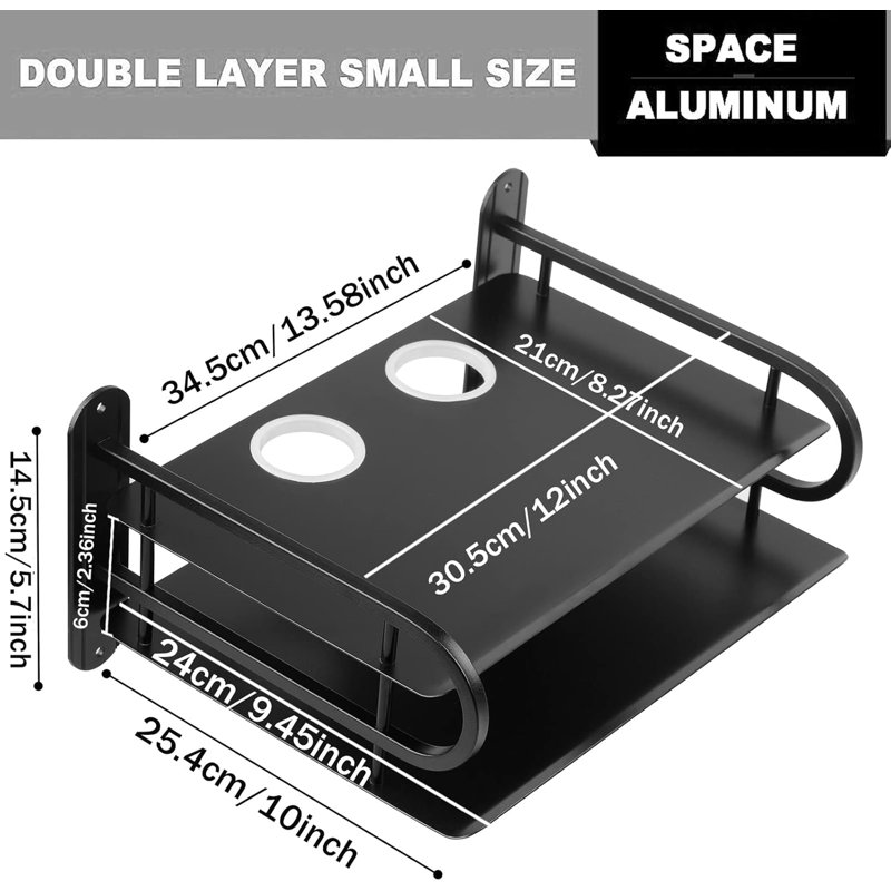 Black Metal Double Wireless Wifi Router Storage Box,TV Set Box Shelf Wall Hanging Plug Board Bracket Cable Storage Organizer ,Large