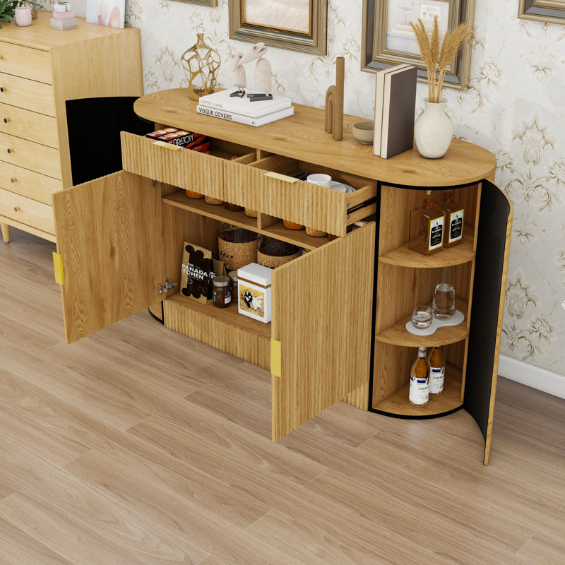 Buffet à 2 tiroirs avec portes incurvées et tablettes à 3 niveaux pour le salon, Naturel