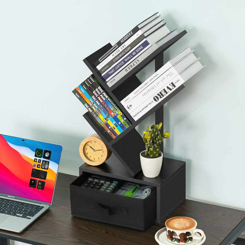 Bibliothèque Tree avec tiroir, bibliothèque en bois d'ingénierie à 4 niveaux, tablette de rangement peu encombrante pour la chambre à coucher, le salon et le bureau personnel