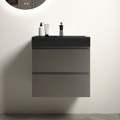 Lavabo de salle de bain gris de 24 po - moderne et gracieux, capacité de rangement accrue, fonctionnement silencieux, élément biseauté chic contemporain, rangement abondant, performance, toucher