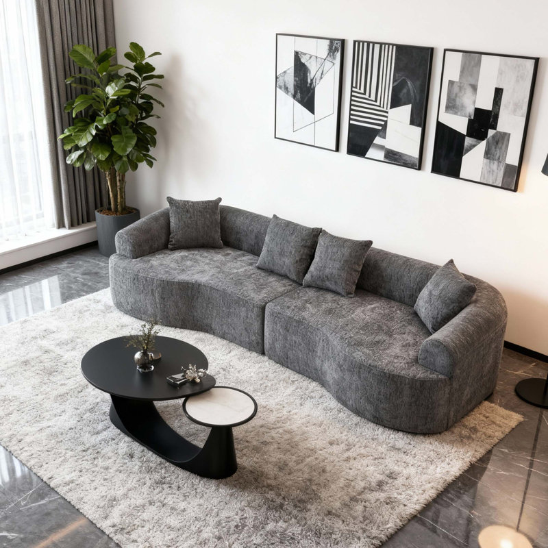 Curved Boneless Modular Sectional Sofa with Sleeper Function, Gray Chenille