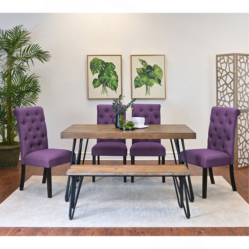 6-Piece Dining Set, Hairpin Dining Table With 4 Chairs And Bench, 4 Colour Options, Purple
