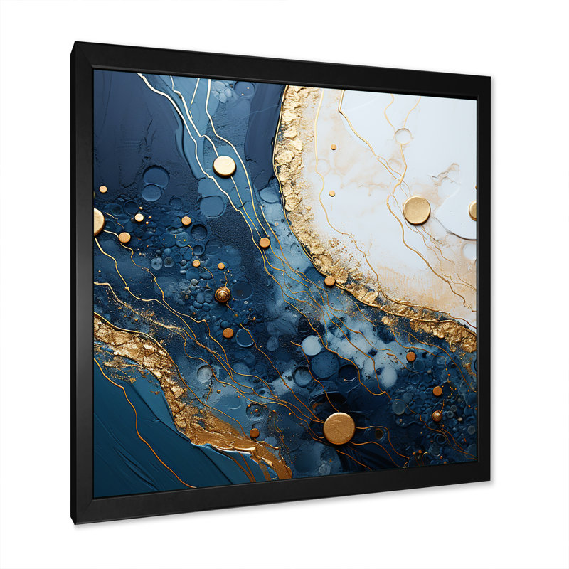 Art à l'encre marbrée dorée et bleue IV - Art abstrait à l'encre liquide sur toile, Cadre simple noir