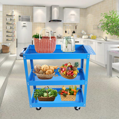Chariot à outils sur roulettes, chariot à outils à 3 niveaux, chariot utilitaire en acier robuste avec roues verrouillables, chariot de service industriel d'une capacité de 450 lb pour garage, entrepôt, atelier (bleu)